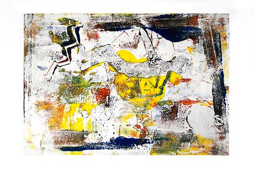 Monoprint kunst art in geel en blauw