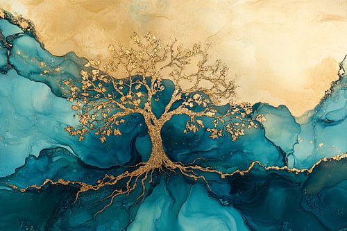 Gouden boom met turquoise achtergrond