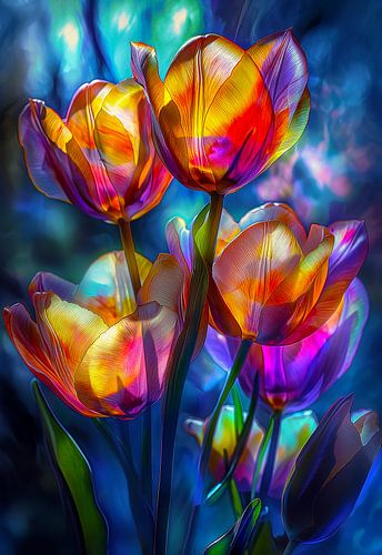 afbeelding van een glas in lood kunstwerk van tulpen in zonlicht