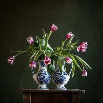 Tulpen feest in Delftsblauwe vazen van Mariska Vereijken