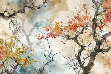 Neblige Herbstpracht | Herbst-Aquarellmalerei von Wunderbare Kunst