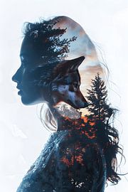 Vrouw met wolf op haar hoofd in het bos van MNS Designs