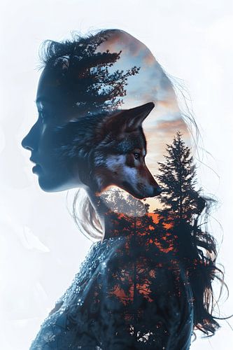 Femme avec un loup sur la tête dans la forêt