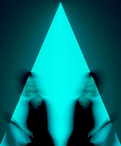 Abstract statue in green-blue triangle with moving figures