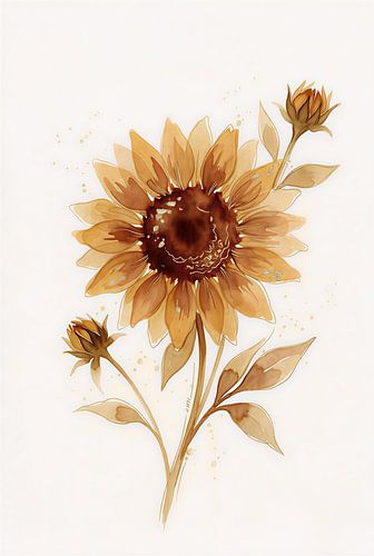 Minimalist Golden Sunflower Watercolor Botanical Art Print