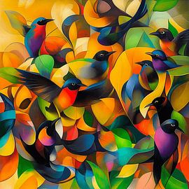 Oiseaux colorés dans un vol en kaléidoscope sur Karina Brouwer