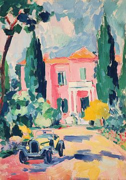 Pink villa with vintage car