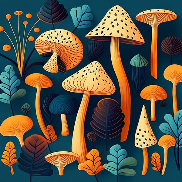 Orange and blue mushrooms by Vythryd Arts