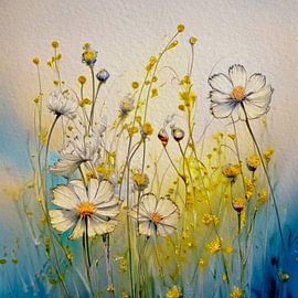 Aquarell von Gänseblümchen und Gräsern