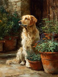 Golden Retriever amongst flower pots by Erika Kaisersot