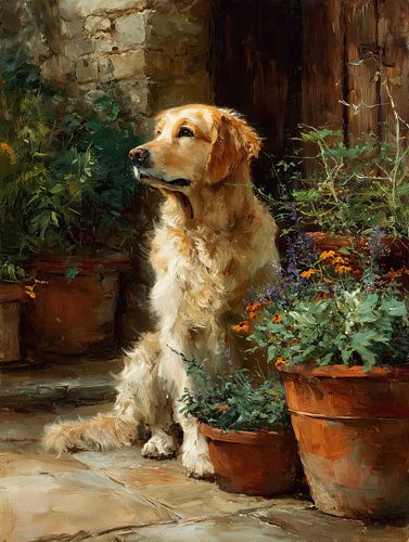 Golden retrievers tussen bloempotten