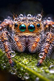 Der smaragdgrüne Wächter – Springspinne im Morgentau von Isabel Grosser | Photography & Digital Art