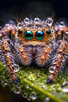 The Emerald Guardian – Jumping Spider in Morning Dew