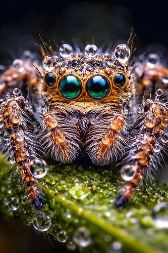 The Emerald Guardian – Jumping Spider in Morning Dew