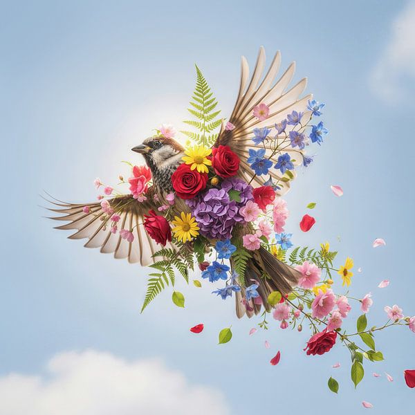 Moineau avec fleurs en vol par Markus Gann