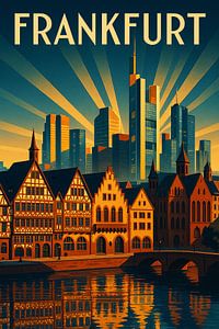 Frankfurt Poster - Skyline und Römerberg im Vintage Art Deco Stil