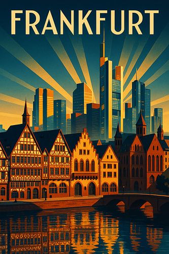 Frankfurt Poster - Skyline en Römerberg in Vintage Art Deco Stijl
