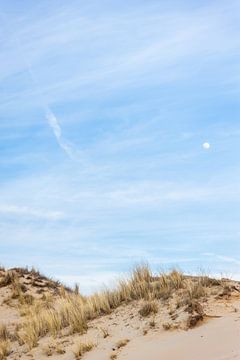 Duin met helmgras, blauwe lucht en opkomende maan van Simone Janssen