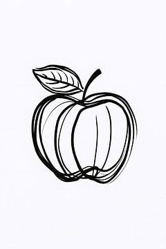 Pomme en noir et blanc dessin au trait minimalisme sur De Muurdecoratie