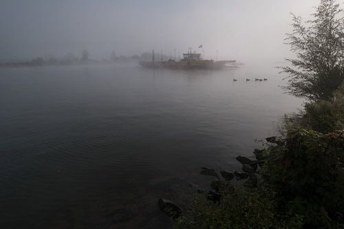 Veerpont op mistige Nederrijn
