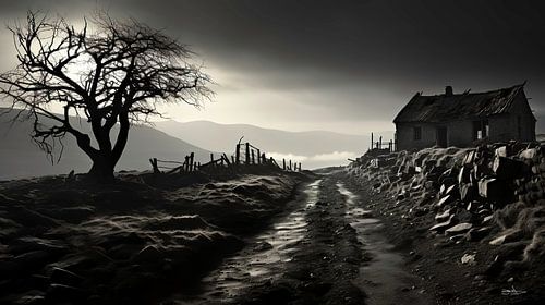 oud gebouw in zwart-wit met dramatisch licht