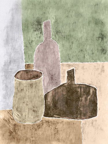 Still life with pottery and bottle