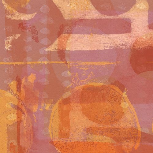 Abstracte vormen in oranje, roestbruin, paars.