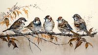 Sparrows on a branch Watercolour