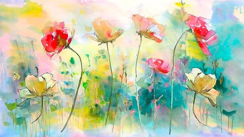 Aquarel schilderij van klaprozen in frisse kleuren