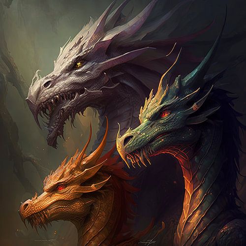 Digitale tekening van drie draken