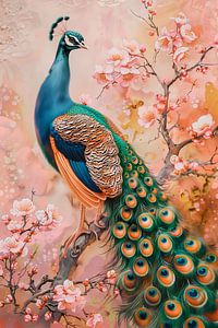 Pfau auf einem Blütenzweig