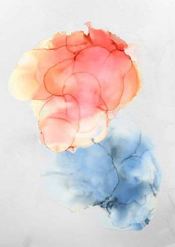 Aquarelle abstraite moderne et colorée en orange, rose, bleu et jaune.