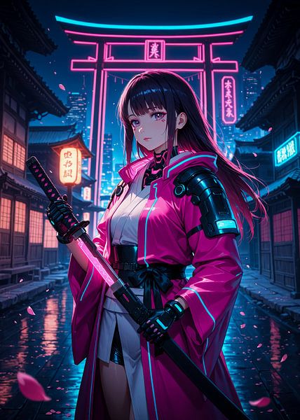 Samurai Girl Anime Torii Gate Japan Cyberpunk Stil von Ruzerin