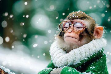 Nadenkende aap in een winterjas van Poster Art Shop