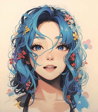 Anime stijl portret meisje met blauwe haren en bloemen van Emiel de Lange