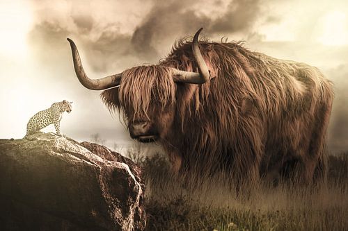 Ein schottischer Highlander und ein Leopard in einem schönen Licht
