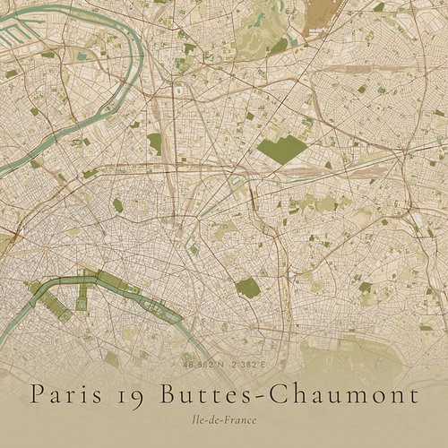 Historische Landkarte von Paris 19 Buttes-Chaumont, Frankreich