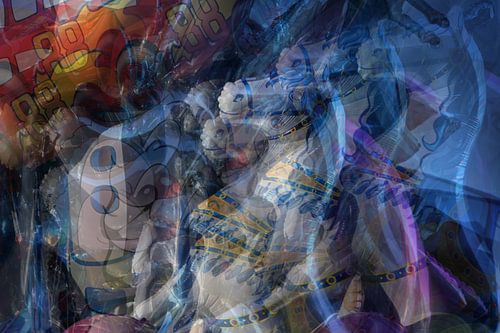 Multiple exposure of figural balloons in the wind at a Christmas