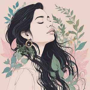 Dromerige tekening van een vrouw in bloemen