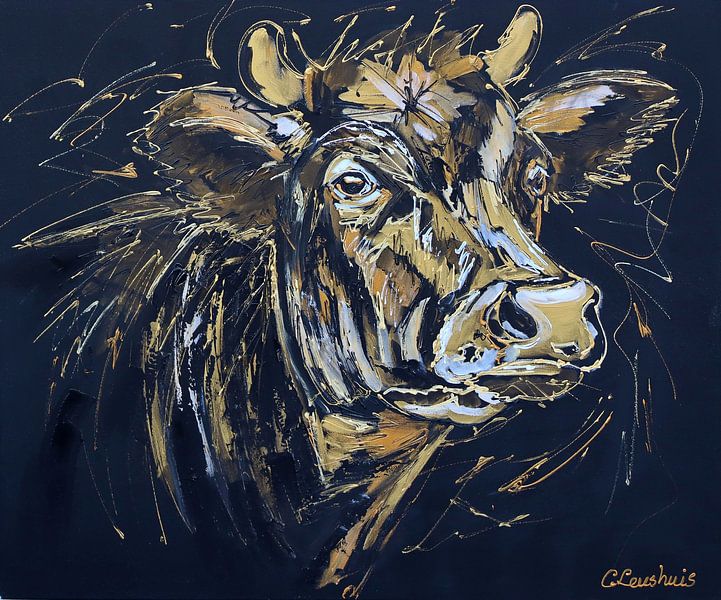 Dankzegging strottenhoofd Geurig Zwart/goud koe van Vrolijk Schilderij op canvas, behang en meer