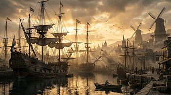 Un port historique grandiose avec des voiliers et des moulins à vent – Une scène maritime cinématographique de l'âge d'or