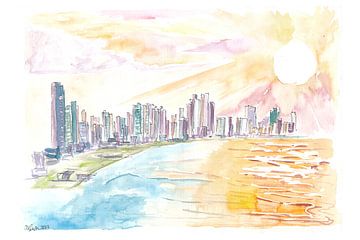 Panama City Beeindruckende Skyline mit Meer und Sonnenuntergang
