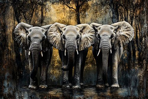 Surrealistisch ontwerp met drie olifanten