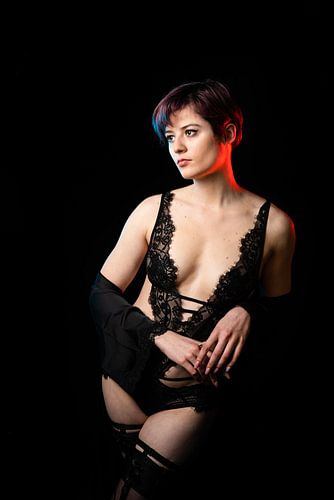 Fashion portrait of a 23 year old white woman with short, dyed h