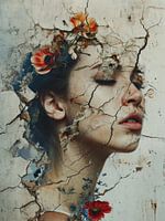 Cracked Portrait of Woman with Flowers