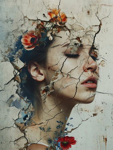 Cracked Portrait of Woman with Flowers