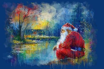Kerstman zit langs de waterkant (impressionistisch schilderij) van Art by Jeronimo