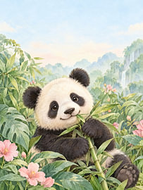 Un bébé panda dans la forêt de bambous – Des fleurs roses dans la jungle sur Albert Klee