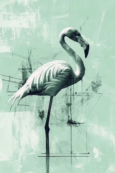 Abstract Flamingo in Mint Green Harmony by Eva Lee