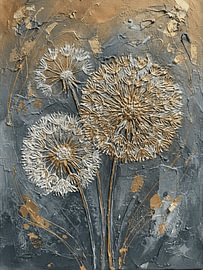 Modernes Reliefgemälde mit drei Pusteblumen (Dandelions) und Texturen